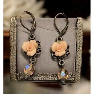 1928 Victorian Revival Rosebud Dangle Earrings Faceted Crystal Vintage Antiqued